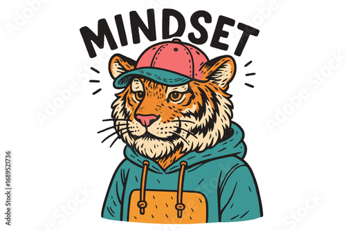 Tiger wearing a cap and hoodie symbolizes a focused mindset for motivation and success in life