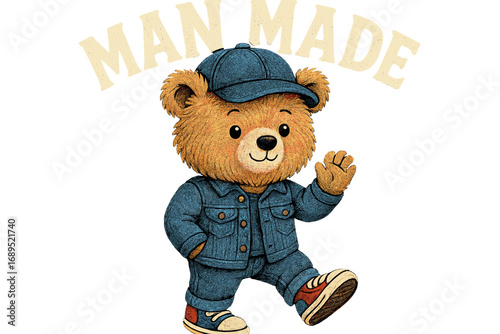 Cute bear character in stylish denim outfit waving cheerfully during a sunny day with playful lettering above