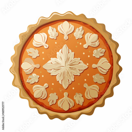 A detailed vector illustration of a whole pumpkin pie, featuring an ornate and decorative pastry crust design, isolated on a white background