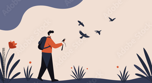 A man with a backpack observes a small bird on a perch in a serene natural landscape, with other birds flying freely. Ideal for themes of nature, travel, freedom, and outdoor hobbies.