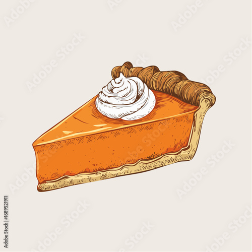 A charming, hand-drawn vector illustration of a single slice of pumpkin pie topped with whipped cream in a rustic, vintage style