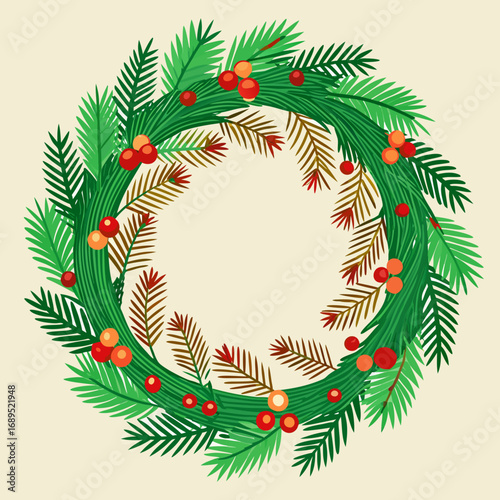 Festive green wreath with red berries and pine needles