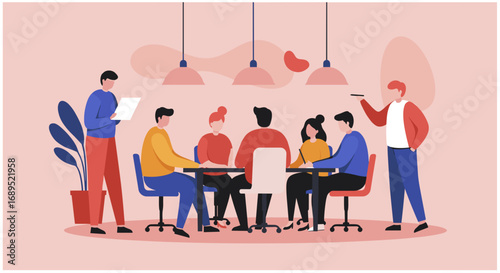 Diverse business team collaborating in a modern office meeting. Illustrates teamwork, communication, and professional discussion for corporate success.
