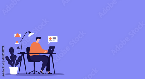 A focused man works on his laptop at a modern desk, illustrating remote work, productivity, and digital communication in a clean, minimalist setting.