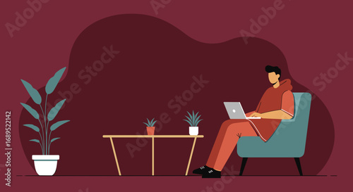 Casual man using laptop in a cozy home setting, representing remote work, online learning, or creative pursuits. Modern lifestyle concept.