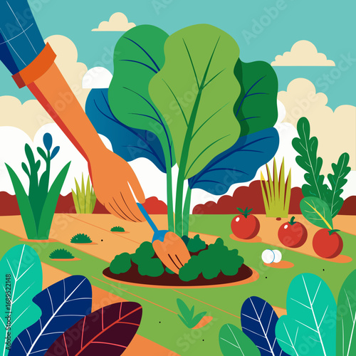 Gardener cultivating plants in a vibrant garden scene