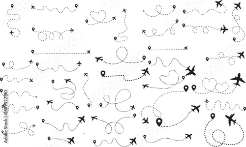 Diverse airplane travel routes and destinations illustrated with dotted lines and location markers