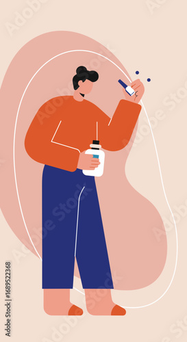 Flat illustration of a man carefully handling a liquid with a dropper and bottle. Ideal for concepts of science, healthcare, cosmetics, or home remedies.