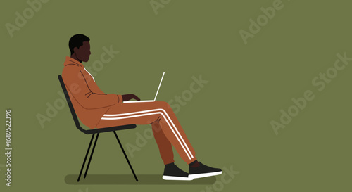 African American man in athletic wear focused on his laptop, sitting casually. Ideal for themes of remote work, online education, or modern digital lifestyle.