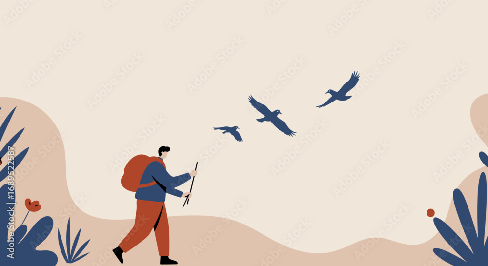 Fototapeta premium A person with a backpack and walking stick enjoys a serene hike through a stylized natural landscape as birds fly. Represents adventure, freedom, and an active lifestyle.