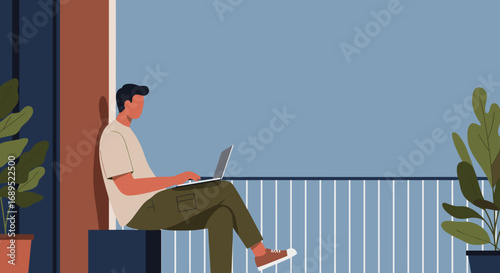 Man working on a laptop in a relaxed outdoor setting, illustrating remote work, freelancing, or online education. Ideal for modern lifestyle, business, and technology themes.