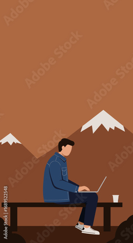 A man works remotely on his laptop, enjoying a scenic mountain view. Represents digital nomad lifestyle, flexible work, and modern productivity.
