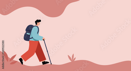 Stylized illustration of a person with a backpack and trekking pole, enjoying an outdoor adventure. Represents exploration, journey, active lifestyle, and travel.
