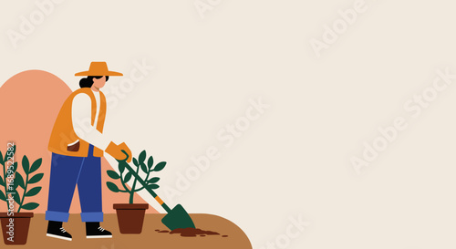 A person plants a young sapling with a shovel, surrounded by potted plants. Illustrates gardening, sustainable living, and environmental care. Perfect for lifestyle, nature, and eco-friendly projects.