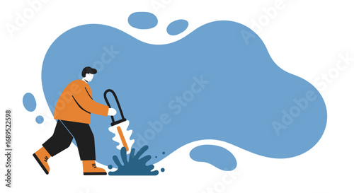 Vibrant illustration of a man actively sawing through a liquid-like barrier, symbolizing effort, problem-solving, or initiating a process. Ideal for business and industry concepts.