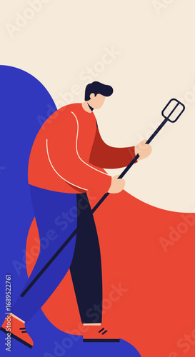 Modern illustration of a man holding a long-handled tool, engaged in an activity or task against a vibrant, abstract background. Ideal for concepts of work, effort, or lifestyle.