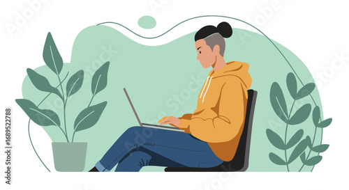 Young person focused on their laptop, working or studying remotely in a comfortable, modern environment with plants. Ideal for themes of productivity, online learning, and flexible work.