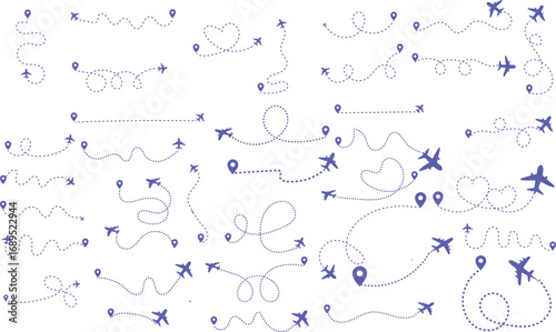 Whimsical airplane routes and travel pins illustrating journeys and destinations