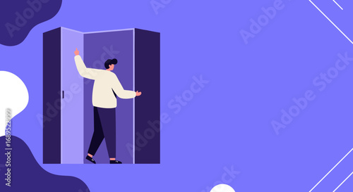 Person stepping through an open door, symbolizing new opportunities, choices, or a fresh start in business or life. Flat illustration.