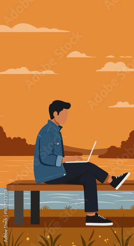 Man works on a laptop outdoors by a scenic lake at sunset. Captures remote work, freedom, and digital nomad lifestyle. Ideal for business, travel, and technology themes.