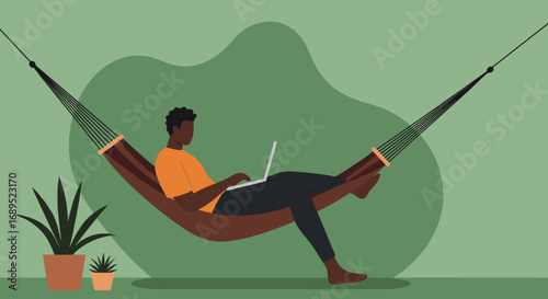 Relaxed Black man working remotely on a laptop in a hammock, embodying digital nomad lifestyle, flexible work, and modern leisure.