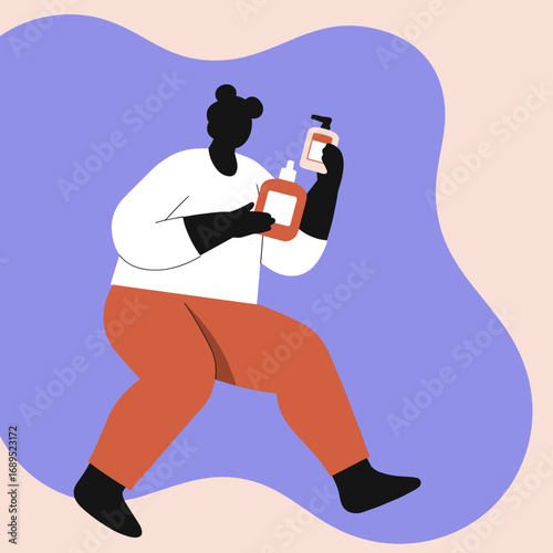 Stylized illustration of a person holding and examining two personal care product bottles. Ideal for beauty, wellness, hygiene, and shopping concepts.