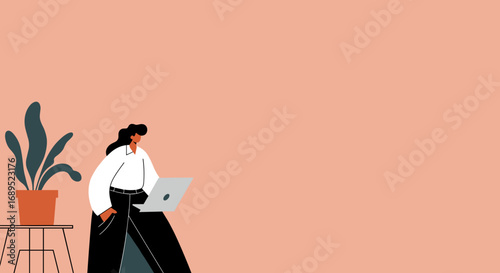 A modern woman illustration working on her laptop with a potted plant nearby, symbolizing remote work, online learning, and productivity in a calm environment.