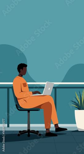 Modern illustration of a person working remotely on a laptop from a sunny balcony. Represents flexible work, productivity, and a relaxed lifestyle.