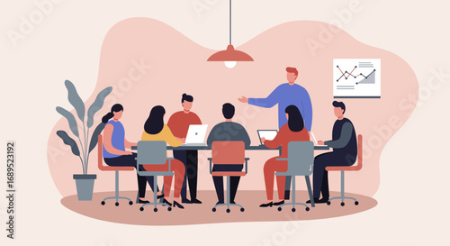 Team of professionals engaging in a collaborative meeting, discussing business strategies and ideas for innovation in a modern office environment.