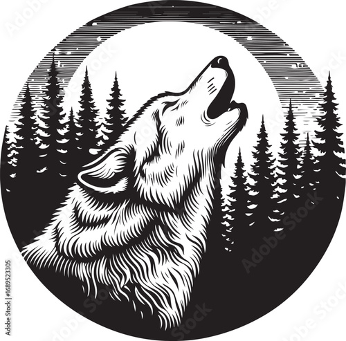 Majestic Wolf Howling at the Moon in a Dark Forest Scene