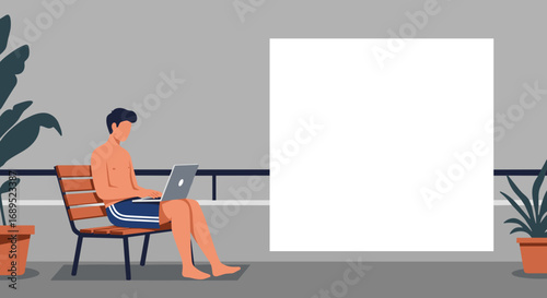 Man in swim shorts working on laptop on a sunny balcony with a large blank billboard. Perfect for remote work, travel, or summer lifestyle concepts with customizable space.