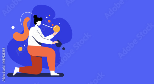 Person blowing abstract spheres, symbolizing creativity, innovation, and scientific discovery. Ideal for business, research, and development concepts.