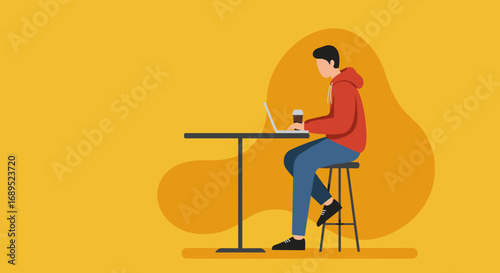 Flat illustration of a young man in a red hoodie working on a laptop at a high table with coffee. Represents remote work, freelancing, or casual study and modern lifestyle.