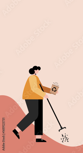 Person raking debris and collecting it in a recyclable bag, symbolizing environmental responsibility and sustainable living. Ideal for eco-friendly campaigns.