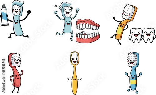 Cartoon toothbrush characters, cute dental care illustration, happy teeth vector, smiling oral hygiene tools, funny dental design, toothpaste, toothbrush, health