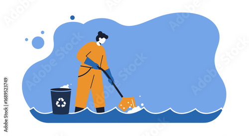 Person in protective gear cleaning a liquid spill with a squeegee, emphasizing environmental cleanup and responsible waste management near a recycling bin. Sustainability concept.