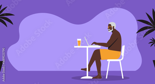 Senior man in swim trunks using a laptop at an outdoor table with a drink, embodying relaxed remote work, vacation, or retirement lifestyle.