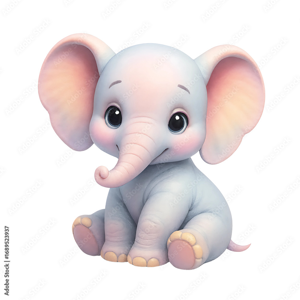 Fototapeta premium Adorable baby elephant sitting isolated on transparent background, digital illustration