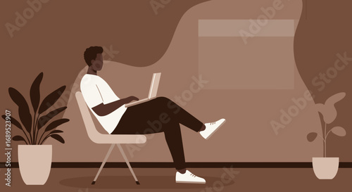 A focused man works on his laptop in a stylish, plant-filled modern interior. Perfect for remote work, business, online learning, and lifestyle themes.