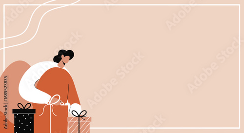 Abstract illustration of a person arranging gift boxes against a warm, minimalist background. Perfect for holiday promotions, events, and special occasion marketing.