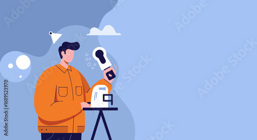 Professional male content creator recording audio with a microphone and mixing equipment. Ideal for podcasting, broadcasting, communication, or media production concepts.