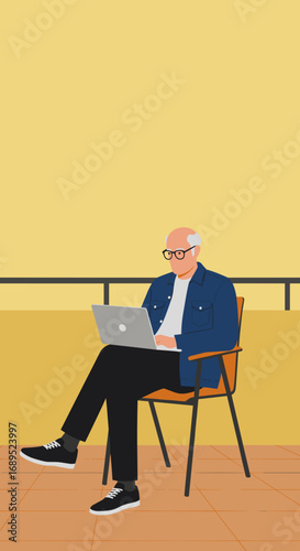Senior man using laptop on a balcony, engaged in online work or leisure. Concept of technology adoption, remote work, or modern senior lifestyle.