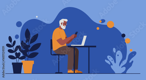 Elderly man actively uses his smartphone and laptop at home, representing modern remote work, digital communication, and technology integration for seniors.