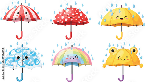 Cartoon umbrella illustration with cute faces, rainy weather, colorful parasol design, happy umbrella mascot, children rain protection artwork