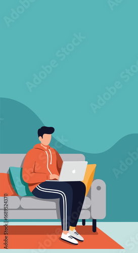 Young man comfortably working remotely on his laptop from a sofa, depicting modern work-from-home, freelance, and online learning concepts.
