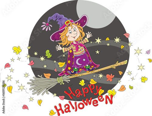 Happy little Halloween witch with a big hat and a cloak with stars flying on her magic broom on dark festive night, vector cartoon illustration isolated on a white background