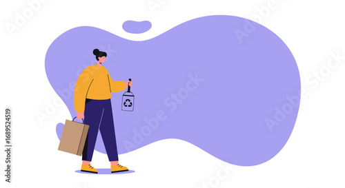 Person holds reusable bottle and paper bag, promoting eco-friendly shopping and sustainable lifestyle choices for environmental protection.