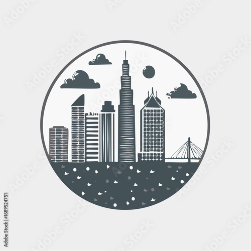 Abstract minimalist representation of a modern city skyline with tall buildings and a bridge, set against a circular backdrop