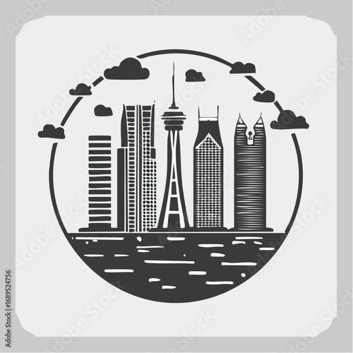 Ultra-minimalist black and white vector icon depicting a modern city skyline. Abstract architectural structures and clouds are elegantly framed in a clean, reduced design