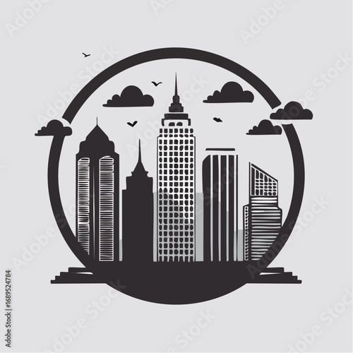 Modern cityscape icon illustration featuring skyscrapers, clouds, and a circular frame, a visual representation of urban life